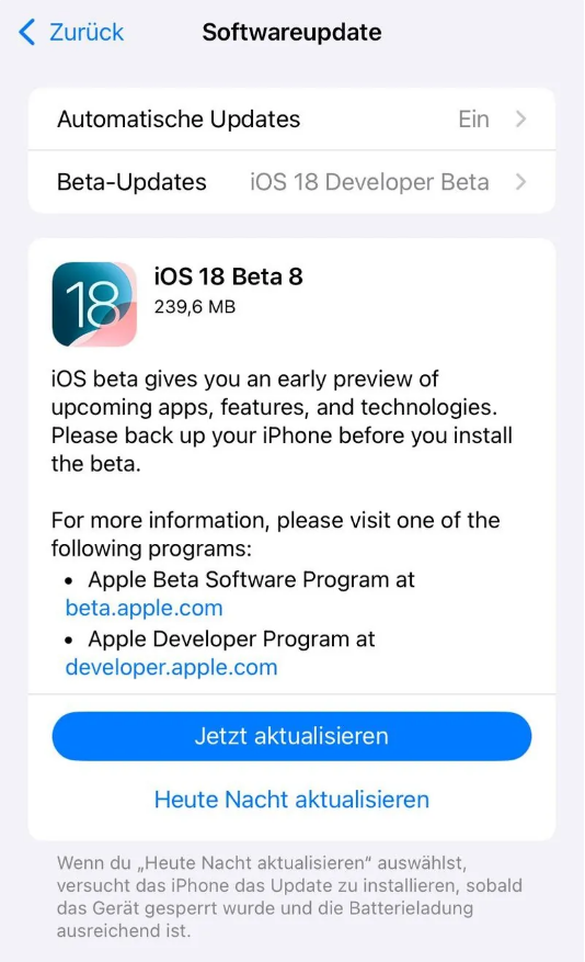 娄烦苹果手机维修分享苹果 iOS / iPadOS 18 开发者预览版 Beta 8 发布 